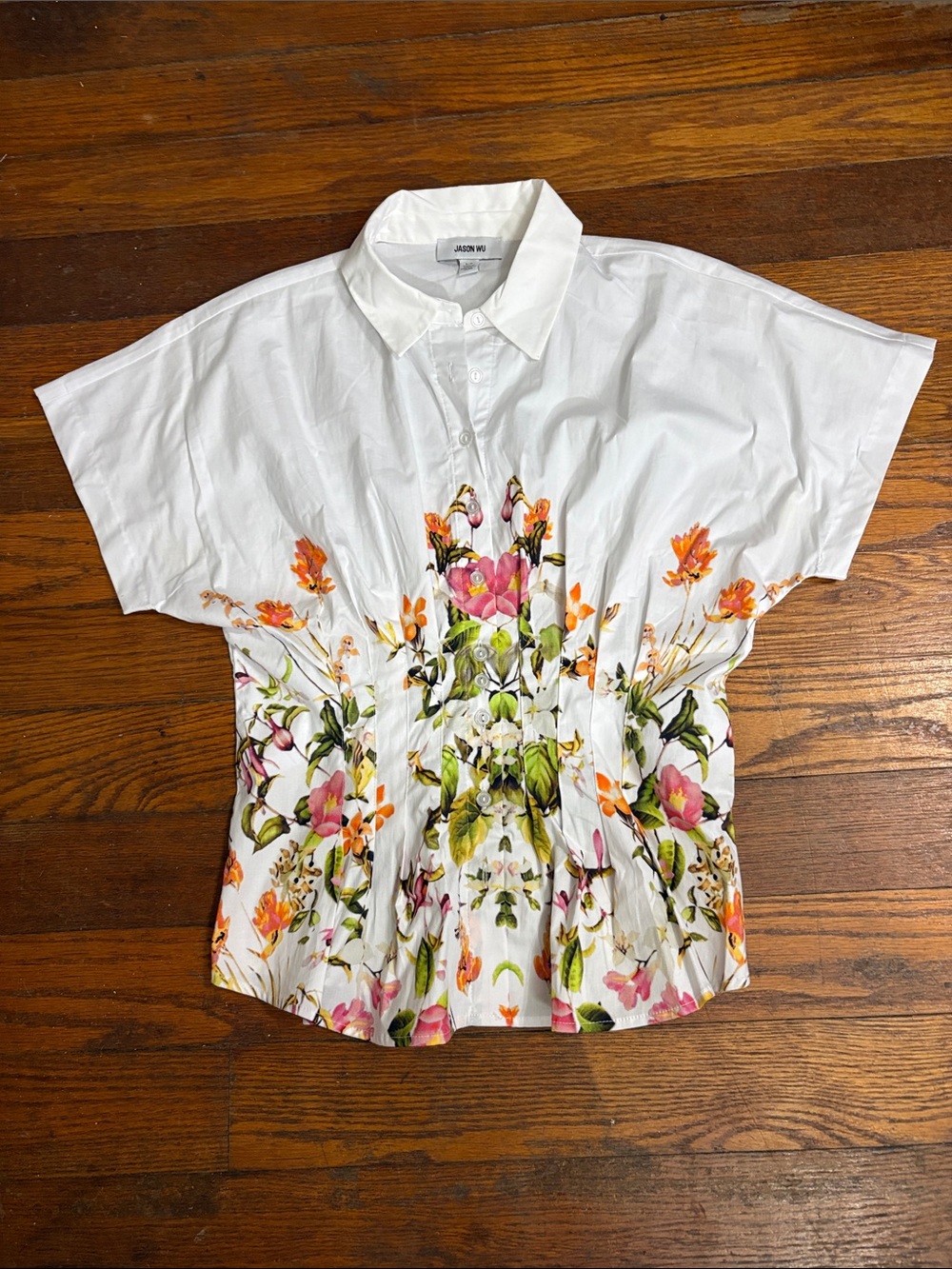 Jason Wu White Short-Sleeve Button-Down Top with Pink and Orange Floral Print